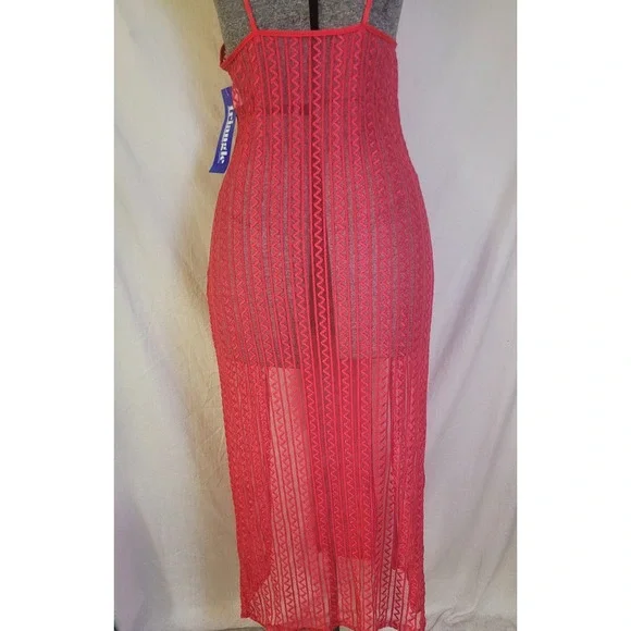 Vintage 80s 90s Red Mesh Geometric Double Slit Nightgown Lingerie Long Sheer M‎